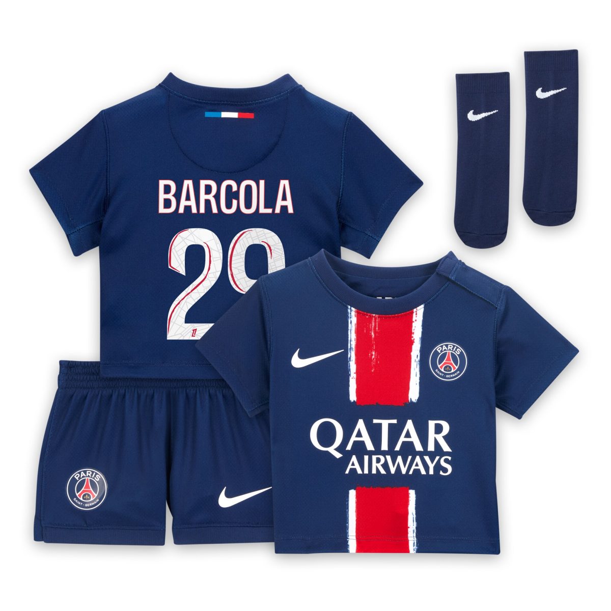 tenue domicile psg nike 2425 – bebe avec flocage barcola 29 Série | Maillots et Vêtements PSG Exclusifs sur PSG Shop