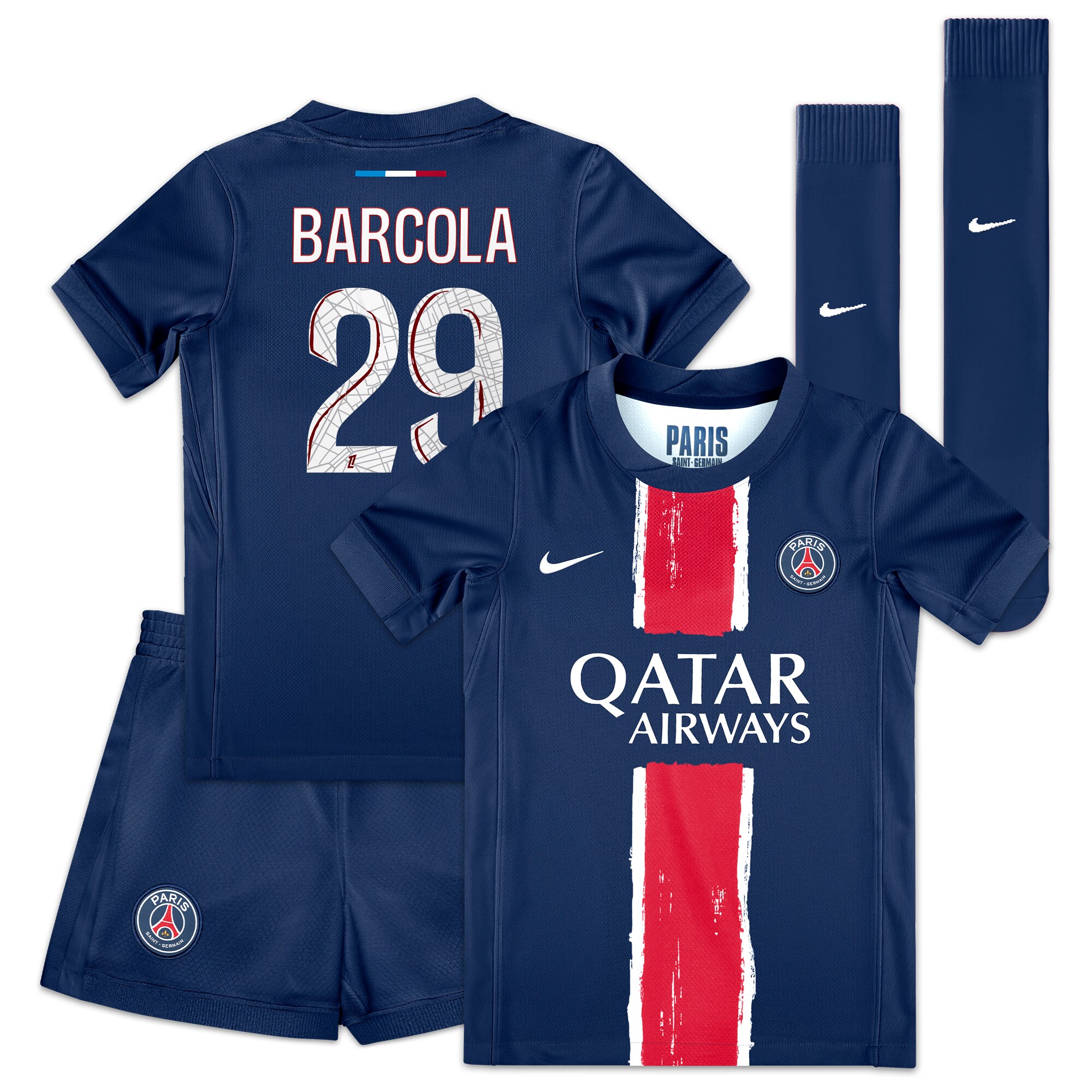 tenue domicile psg nike 2425 – jeune enfant avec flocage barcola 29 Série | Maillots et Vêtements PSG Exclusifs sur PSG Shop