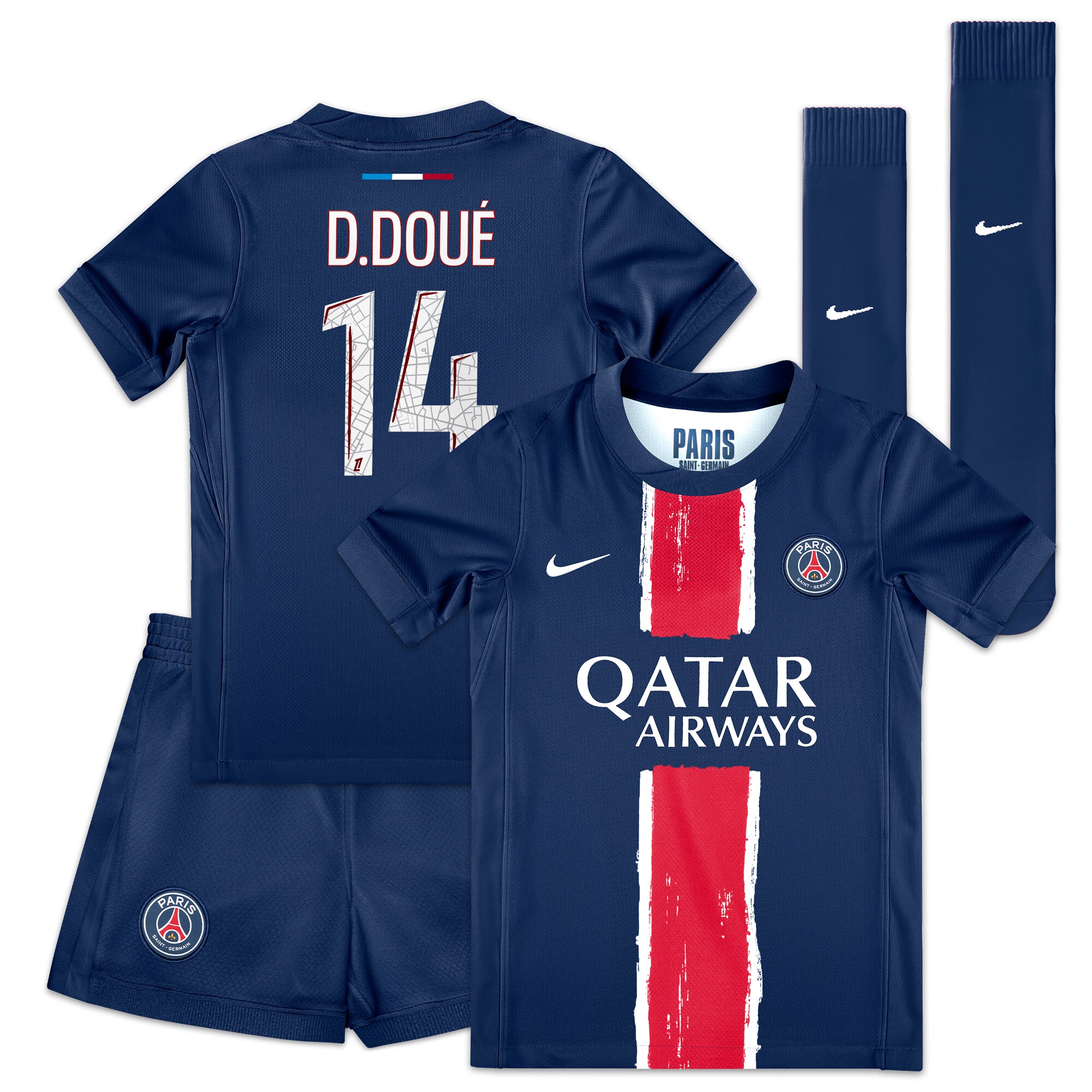 tenue domicile psg nike 2425 – jeune enfant avec flocage d.doue 14 Série | Maillots et Vêtements PSG Exclusifs sur PSG Shop