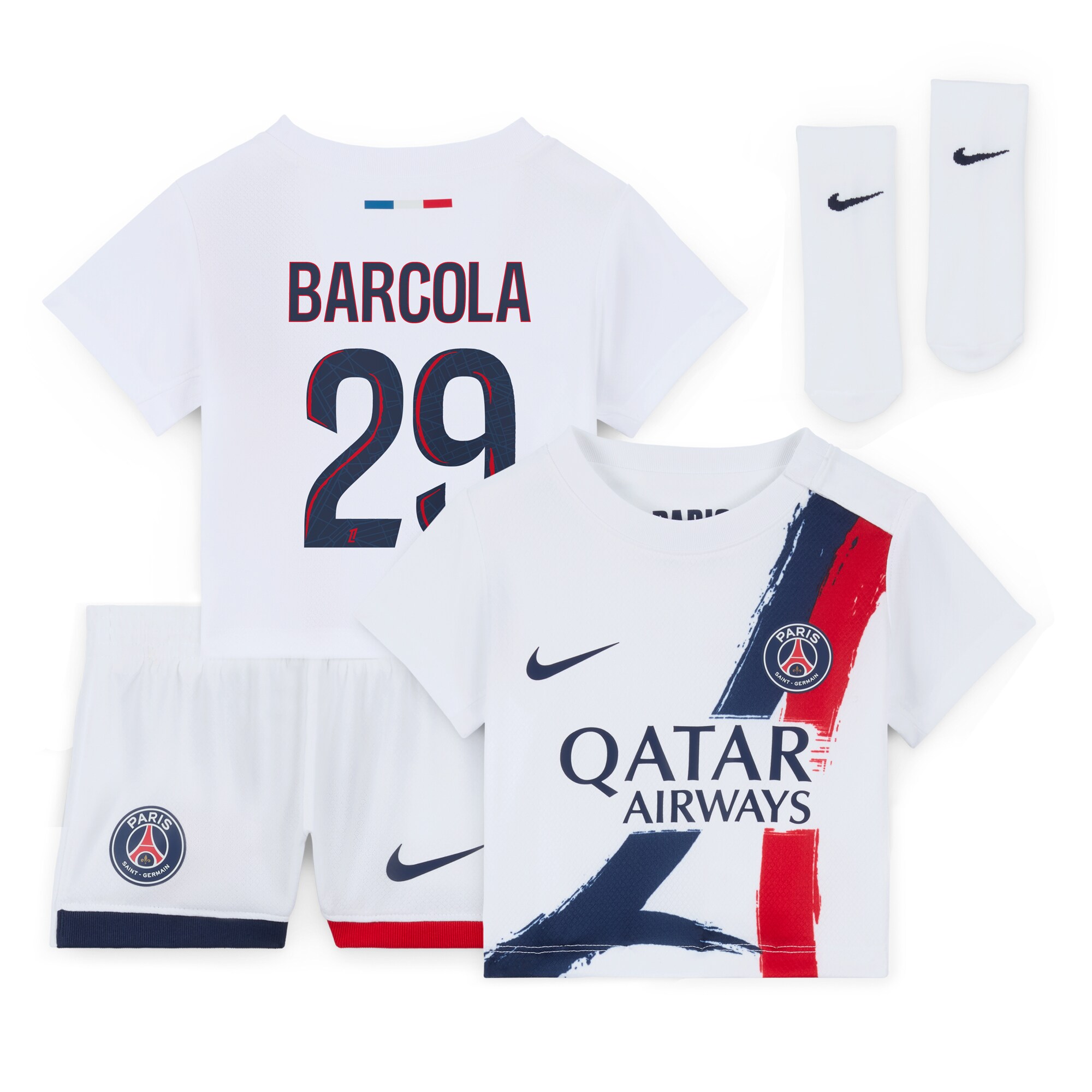 tenue exterieur psg nike 2425 – bebe avec flocage barcola 29 Série | Maillots et Vêtements PSG Exclusifs sur PSG Shop