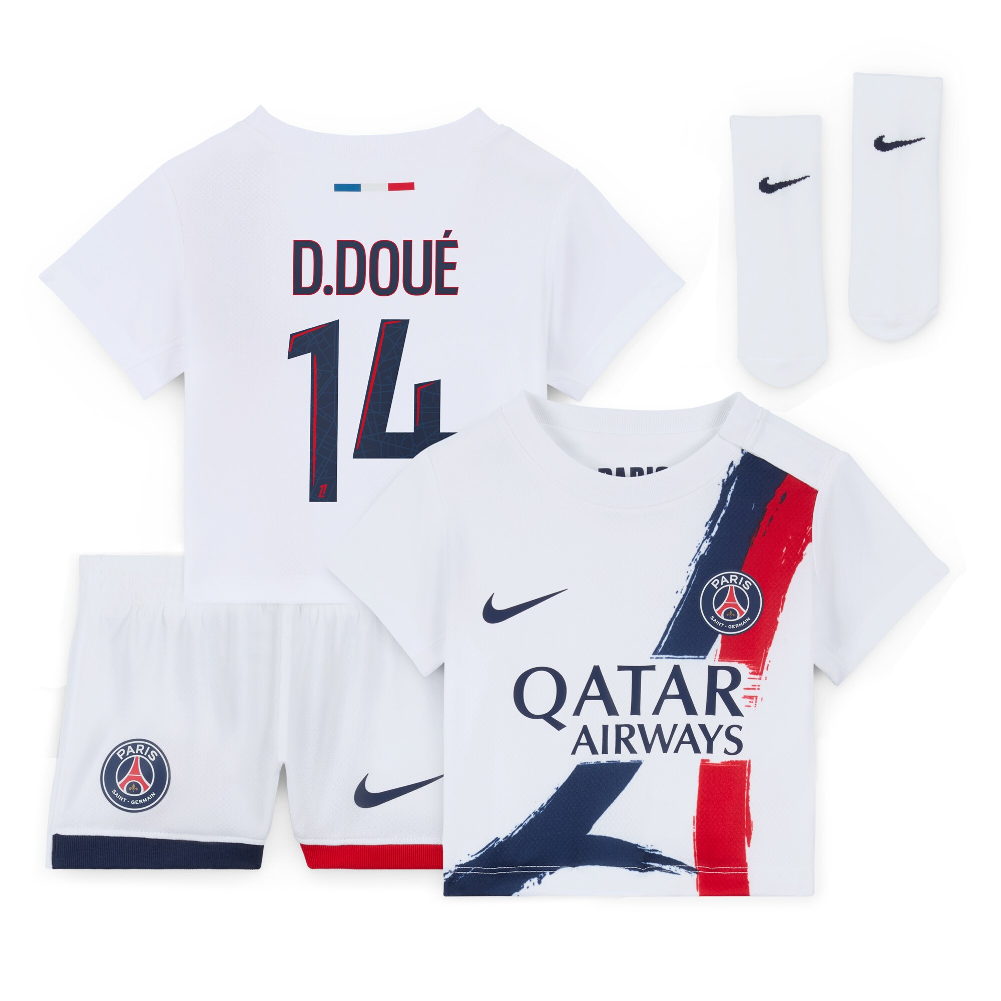 tenue exterieur psg nike 2425 – bebe avec flocage d.doue 14 Série | Maillots et Vêtements PSG Exclusifs sur PSG Shop