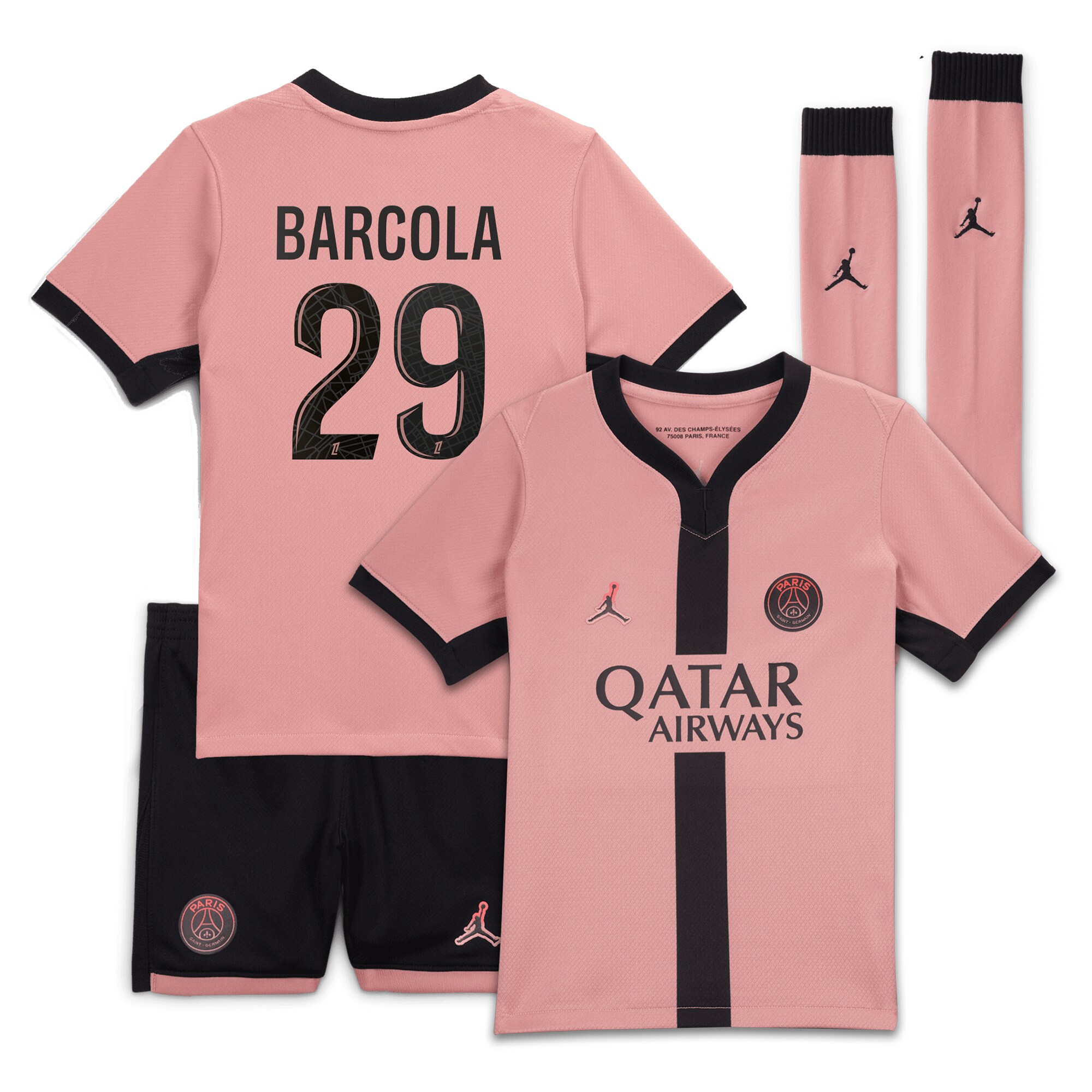 tenue third psg jordan 2425 – jeune enfant avec flocage barcola 29 Série | Maillots et Vêtements PSG Exclusifs sur PSG Shop