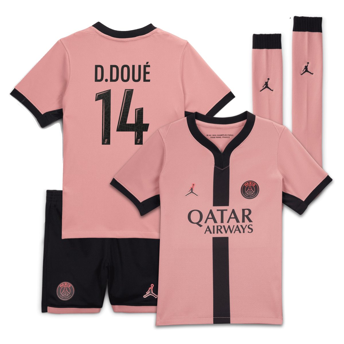 tenue third psg jordan 2425 – jeune enfant avec flocage d.doue 14 Série | Maillots et Vêtements PSG Exclusifs sur PSG Shop